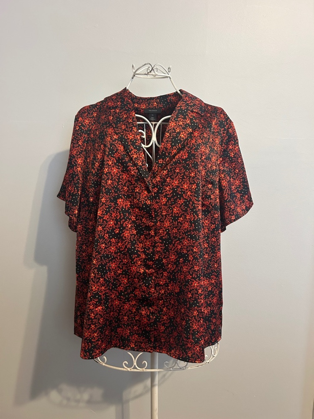 Halogen Black Blouse with Red Floral and Gold Dot Accents